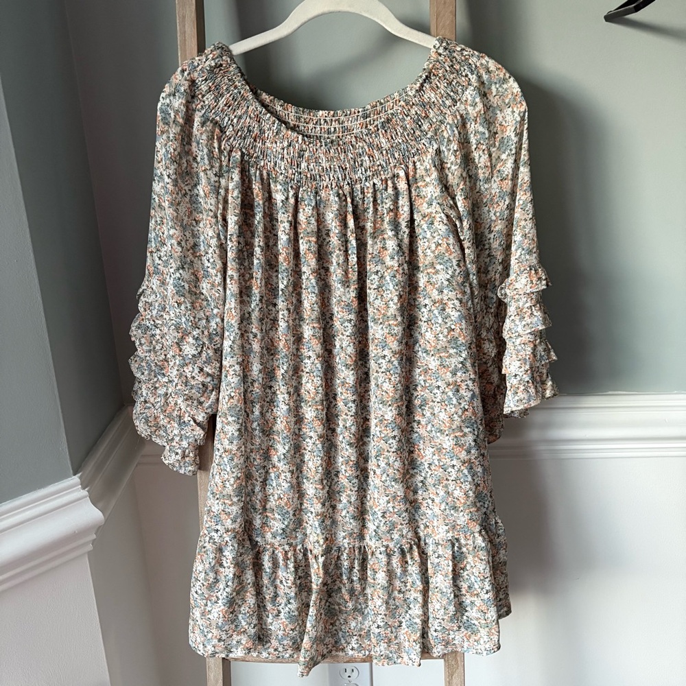 Flawless Smocked Floral Off the Shoulder Ruffle Sleeve Dress Size Medium - 1756